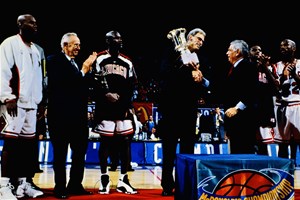 David Stern presents Chicago Bulls coach Phil Jackson with 1997 McDonald's Championship Trophy in Paris