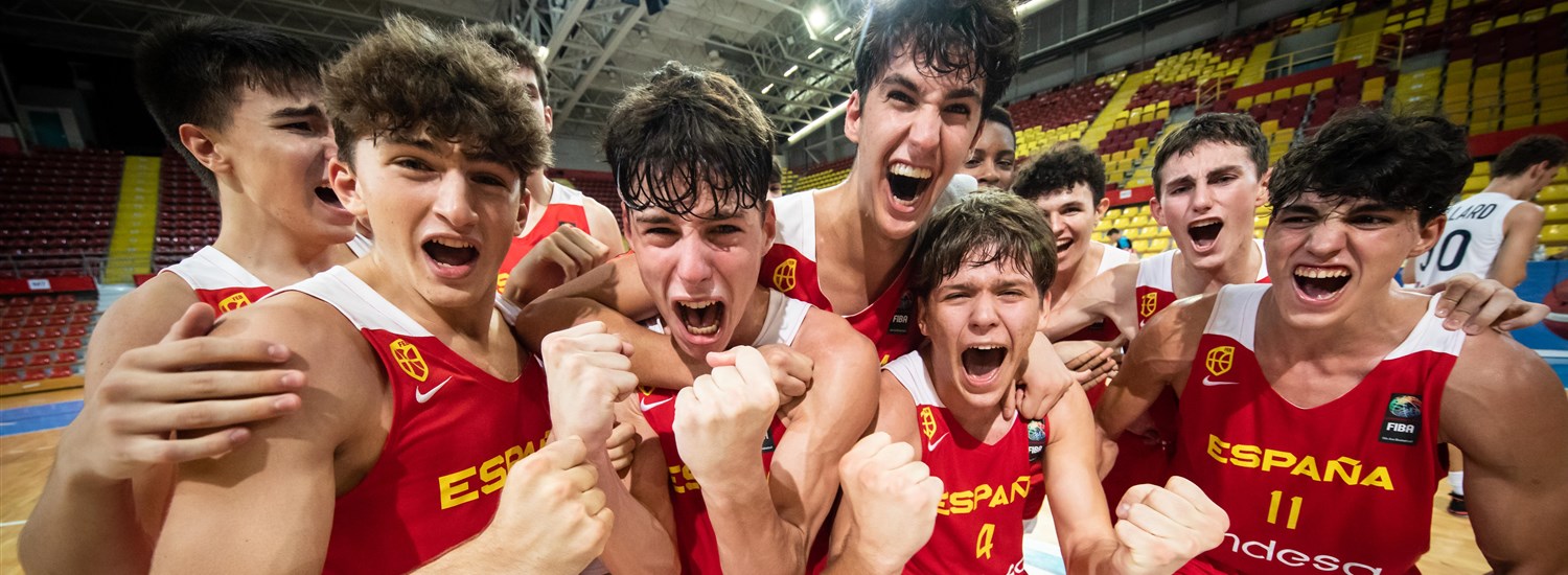 Team Spain celebrate after winning the semifinal game against France