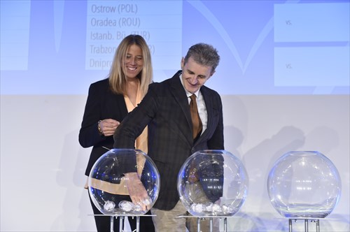 FIBA Special Projects Manager Betty Cebrian and Goran Radonjic of the French Basketball Federation assist with the Draw