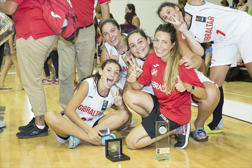 Tournament top-scorer Marta Perez of Gibraltar, with her teammates