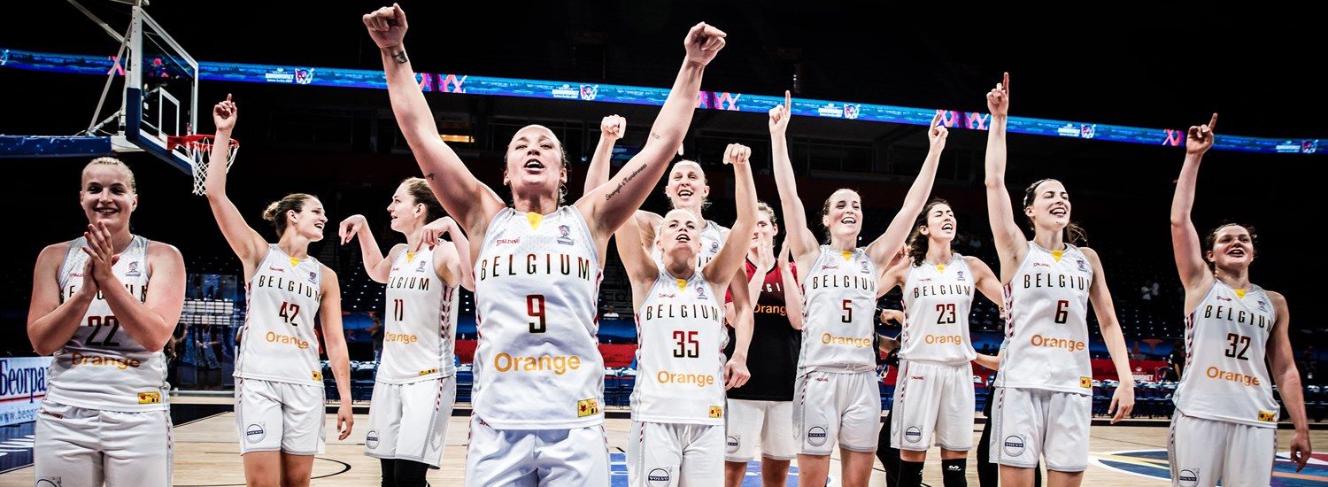 9 Marjorie Carpreaux (BEL) and other players of Belgium celebrate after winning against Hungary