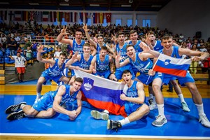 Players of Slovenia celebrate after winning bronze medal against Greece